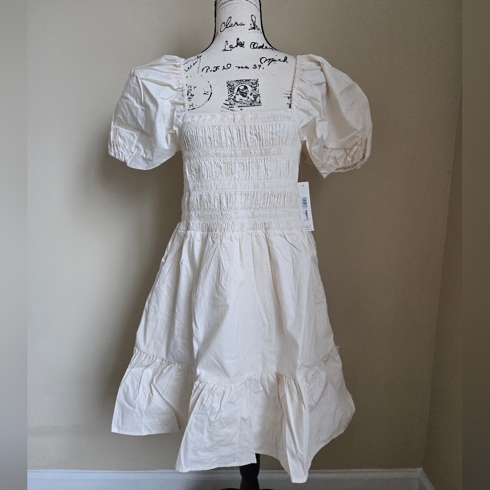 Eliza J Puff Sleeve Mini Dress Womens 12 Cream Ivory Tiered Smocked